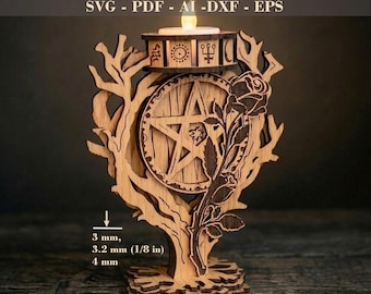 May include: Laser-cut wooden candle holder featuring a pentagram, rose, and tree-like design. The candle holder includes a small platform for a candle and is approximately 3 mm thick. The text "DIGITAL LASER CUT FILE" and "Pentagram Rose CANDLE HOLDER" are visible.
