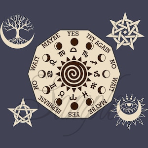 May include: A beige octagonal wooden board with a brown sun in the center and a circle of zodiac symbols around it. The board has the words "YES", "MAYBE", "TRY AGAIN", "NO", and "WAIT" written around the edge. The board is surrounded by a variety of symbols, including a tree, a star, and a crescent moon.