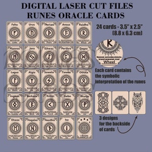 May include: A set of 24 laser cut rune oracle cards with a beige background and black runes. The cards are 3.5 inches by 2.5 inches. The back of the cards feature three different designs: a Celtic knot, a cross, and an owl. The cards are labeled with the name of each rune and its meaning.