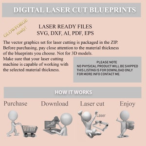May include: Digital laser cut blueprints for Glowforge, SVG, DXF, AI, PDF, EPS files. The image shows a pink background with the text "DIGITAL LASER CUT BLUEPRINTS" in a white box at the top. Below the text is a white box with the text "GLOWFORGE ready!" in a white box. Below that is a white box with the text "LASER READY FILES SVG, DXF, AI, PDF, EPS". Below that is a white box with the text "The vector graphics set for laser cutting is packaged in the ZIP. Before purchasing, pay close attention to the material thickness of the blueprints you choose. Not for 3D models. Make sure that your laser cutting machine is capable of working with the selected material thickness." Below that is a white box with the text "PLEASE NOTE NO PHYSICAL PRODUCT WILL BE SHIPPED THIS LISTING IS FOR DOWNLOAD ONLY FOR MORE INFO CONTACT ME." Below that is a white box with the text "HOW IT WORKS". Below that is a white box with the text "Purchase Download Laser cut Enjoy". Below that is a white box with a cartoon of a person pushing a shopping cart. Below that is a white box with a cartoon of a person sitting at a computer. Below that is a white box with a cartoon of a person sitting at a laser cutter. Below that is a white box with a cartoon of a person holding a finished product.
