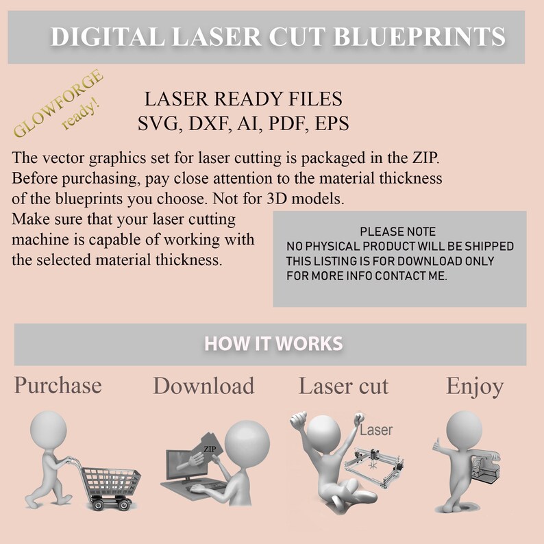 Puede incluir: Planos de corte l&aacute;ser digital para Glowforge, archivos SVG, DXF, AI, PDF, EPS. La imagen muestra un fondo rosa con el texto "DIGITAL LASER CUT BLUEPRINTS" en un cuadro blanco en la parte superior. Debajo del texto hay un cuadro blanco con el texto "GLOWFORGE ready!" en un cuadro blanco. Debajo de eso hay un cuadro blanco con el texto "LASER READY FILES SVG, DXF, AI, PDF, EPS". Debajo de eso hay un cuadro blanco con el texto "El conjunto de gr&aacute;ficos vectoriales para corte l&aacute;ser est&aacute; empaquetado en el ZIP. Antes de comprar, preste atenci&oacute;n al grosor del material de los planos que elija. No para modelos 3D. Aseg&uacute;rese de que su m&aacute;quina de corte l&aacute;ser sea capaz de trabajar con el grosor del material seleccionado." Debajo de eso hay un cuadro blanco con el texto "PLEASE NOTE NO PHYSICAL PRODUCT WILL BE SHIPPED THIS LISTING IS FOR DOWNLOAD ONLY FOR MORE INFO CONTACT ME." Debajo de eso hay un cuadro blanco con el texto "HOW IT WORKS" en un cuadro blanco. Debajo de eso hay un cuadro blanco con el texto "Purchase Download Laser cut Enjoy" en un cuadro blanco. Debajo de eso hay un cuadro blanco con cuatro im&aacute;genes de figuras de palo. La primera imagen muestra una figura de palo empujando un carrito de compras. La segunda imagen muestra una figura de palo sentada en una computadora con un archivo zip en la pantalla. La tercera imagen muestra una figura de palo sentada en una silla con una cortadora l&aacute;ser frente a ellos. La cuarta imagen muestra una figura de palo con el pulgar hacia arriba.