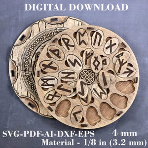 K&ouml;nnte beinhalten: Ein rundes Holzpuzzle mit 24 Teilen, die die 24 Runen des &Auml;lteren Futharks zeigen. Die Teile sind in einem Kreis um ein zentrales Knotendesign angeordnet. Das Puzzle ist 4 mm dick und aus 1/8 Zoll (3,2 mm) Material gefertigt. Der digitale Download enth&auml;lt SVG-, PDF-, AI-, DXF- und EPS-Dateien.