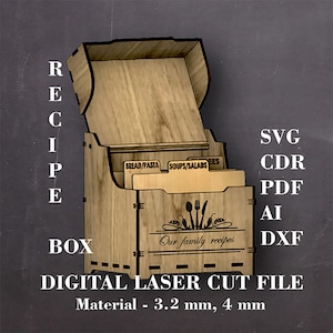 Caja de recetas svg Caja de tarjeta de recetas 4 x 6 con divisores Glowforge Archivos de corte láser AI DXF PDF Producto digital Grosor del material 3.2, 4 mm
