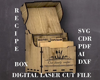 Caja de recetas svg Caja de tarjeta de recetas 4 x 6 con divisores Glowforge Archivos de corte láser AI DXF PDF Producto digital Grosor del material 3.2, 4 mm