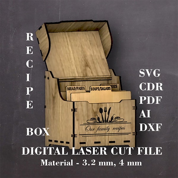 Recipe box svg Recipe card box 4 x 6 with dividers Glowforge Laser cut files AI DXF PDF Digital product Material thickness 3.2, 4 mm