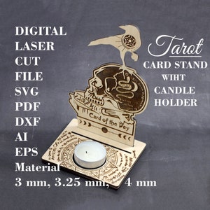 Raven Tarot kaart stand SVG Skull Tarot videokaart met kaarshouder Altaar reizen SVG Hekserij decor Digitale Lasergesneden GlowForge-bestanden