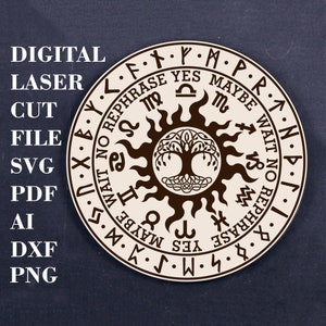 May include: A circular wooden sign with a tree of life design in the center. The sign is surrounded by a circle of runes and the words "YES", "MAYBE", "WAIT", and "NO" in a clockwise direction.