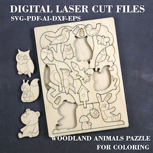 Woodland animals puzzle SVG Kids puzzle laser cut files Wood puzzle for coloring SVG Digital GlowForge files Lightburn files Xtool files