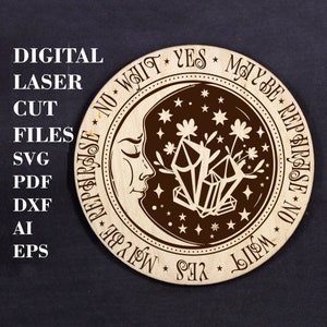 May include: A wooden circle with a brown crescent moon design and stars. The text around the moon reads "No Wait * Yes * May Be * Reptarase * No Wait * Yes * May Be * Reptarase".
