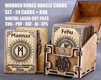 Juego de 24 cartas de oráculo de runas Elder Futhark SVG con caja Archivos cortados con láser Archivos GlowForge Archivos Lightburn Material: 3 mm, 3,2 mm (1/8")