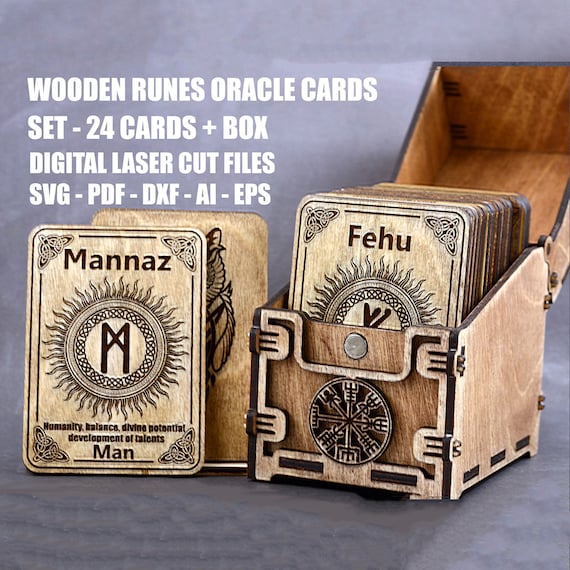 Elder Futhark Runes Oracle cards SVG Set of 24 pcs with box Laser cut files GlowForge files Lightburn files Material - 3 mm, 3.2 mm (1/8")