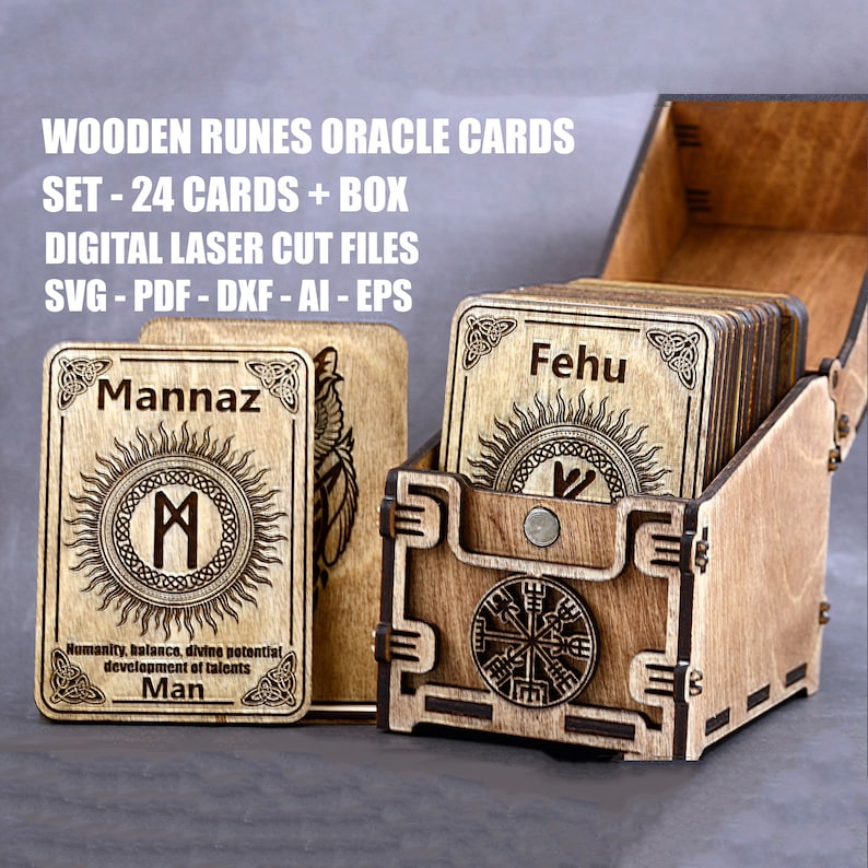 May include: A set of 24 wooden rune oracle cards with a wooden box. The cards feature a sun with a rune symbol inside and text describing the rune's meaning. The box has a compass design on the front. The text on the image reads "WOODEN RUNES ORACLE CARDS SET - 24 CARDS + BOX DIGITAL LASER CUT FILES SVG - PDF - DXF - AI - EPS Mannaz M Humanity, balance, divine potential development of talents Man Fehu W"