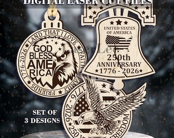 250.º aniversario de Estados Unidos SVG: Adorno patriótico estadounidense (juego de 3) / Archivos cortados con láser (descarga digital)