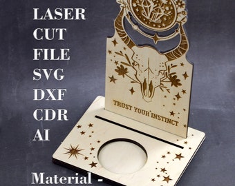 Crystal and Skull Tarot card stand SVG Tarot display card with candle holder Card of the day stand svg Digital laser cut file GlowForge file