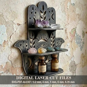 Estante de cristal Hamsa SVG · Mano de Fátima · Exhibición de péndulo · Decoración espiritual de pared · Archivo de corte láser