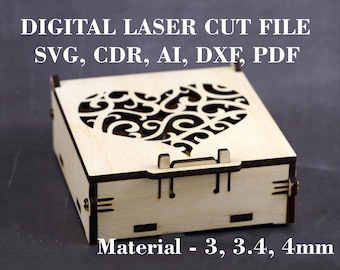 Heart box svg Small wooden box Laser cut files Gfowforge files Jewelry box svg Digital product Material thickness 3, 3.4, 4mm