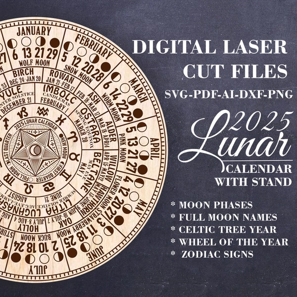 Digital 2025 Lunar calendar with stand SVG Moon phases calendar SVG Wheel of the Year SVG Celtic Tree  calendar Witch decor Laser cut file