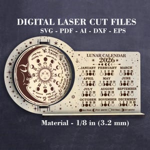 Lunar calendar 2026 SVG Digital Moon phases calendar SVG Wiccan calendar Witchcraft decor Laser cut file GlowForge Lightburn Xtool files