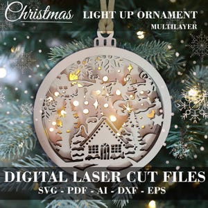 Christmas Light up ornament laser file Winter village SVG Multilayer ornament Flying reindeer Santa Claus Digital GlowForge file Xtool files