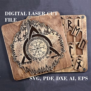Set di rune vichinghe SVG Elder Futhark rune ambientate in scatola di legno Rune nordiche svg File di taglio laser digitale GlowForge file Mitologia norrena svg