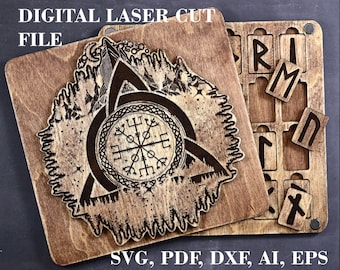 Wikinger Runen Set SVG Elder Futhark Runen Set in Holzkiste nordische Runen svg Digital Laser cut Dateien GlowForge Dateien nordische Mythologie svg
