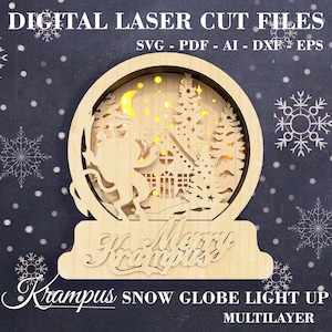 May include: A wooden snow globe light-up design featuring a Krampus figure, a small house, and trees. The snow globe is decorated with the words "Merry Krampus".