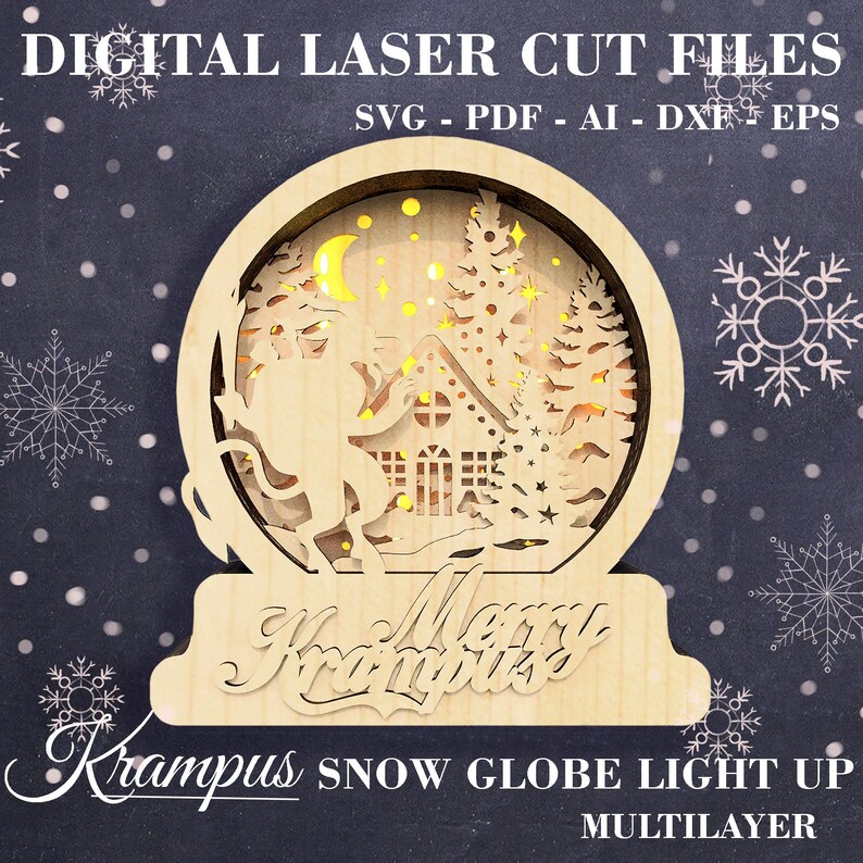 May include: A wooden snow globe light-up design featuring a Krampus figure, a small house, and trees. The snow globe is decorated with the words "Merry Krampus".