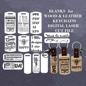 Blanks wood and leather keychain SVG, Keychain template svg, Keychain GlowForge files, Digital laser cut files