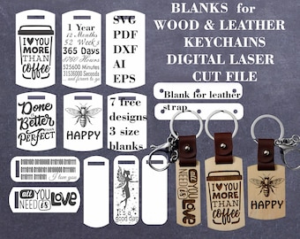 Blanks wood and leather keychain SVG, Keychain template svg, Keychain GlowForge files, Digital laser cut files