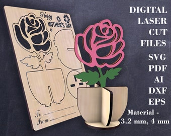 Mothers day card laser cut files Flower pop up card SVG Happy Mom greeting card Digital GlowForge files Lightburn files