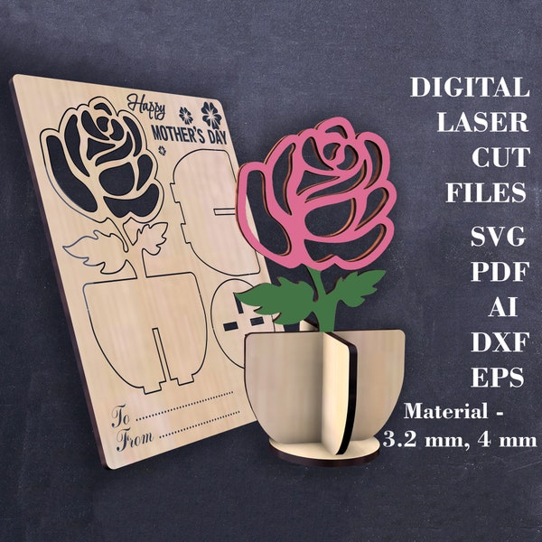 Carte de fête des mères découpée au laser fichiers Fleur pop up carte SVG Happy Mom carte de voeux Fichiers GlowForge numériques Fichiers Lightburn