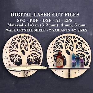 Puede incluir: Dos estantes de pared de madera con forma de árbol de la vida con una luna creciente y estrellas. Los estantes tienen un grosor de 3,2 mm (1/8 de pulgada), 4 mm y 5 mm. Los estantes están disponibles en dos variantes y dos tamaños. El texto "Dragon Blood" es visible en una botella en el estante.