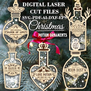 Kerstdrank ornamenten SVG, Set van 5 pc's Heks fles ornamenten SVG, Heks Kerst ornamenten Digitale Lasergesneden bestanden GlowForge bestanden