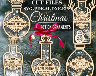 Christmas potion ornaments SVG, Set of 5 pcs Witch bottle ornaments SVG, Witch Christmas ornaments Digital Laser cut files GlowForge files