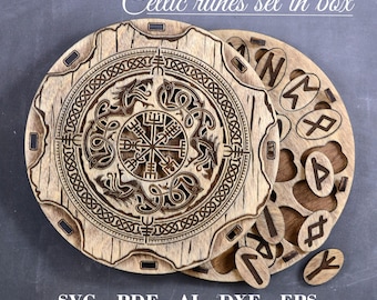 Vegvisir Runen in runder Box SVG Holzrunen SVG Elder Futhark Runes Digitale Laserschnittdateien GlowForge Dateien Material - 3,2mm, 4mm