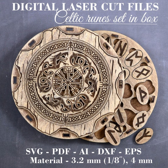 Vegvisir runes set in round box SVG Wooden runes SVG Elder Futhark Runes Digital laser cut files GlowForge files Material- 3.2mm (1/8"), 4mm