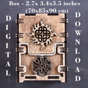 May include: A wooden box with a Celtic knot design and a compass design. The box is 2.7 x 3.4 x 3.5 inches (70 x 85 x 90 cm).