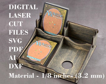May include: A wooden card holder with four compartments for holding Magic: The Gathering cards. The holder is made from 1/8 inch (3.2 mm) thick wood and has a circular cutout in the bottom right corner. The holder is stained a dark brown color.