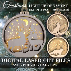 Set of 3 Christmas Light up ornament laser file Winter woodland animals SVG Yule ornament Multilayer ornament Digital GlowForge file Xtool
