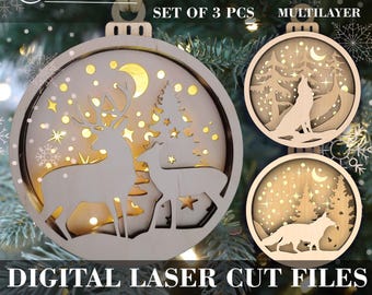 Set of 3 Christmas Lightbox SVG File | Woodland Animals Ornaments | Multilayer Laser cut Digital