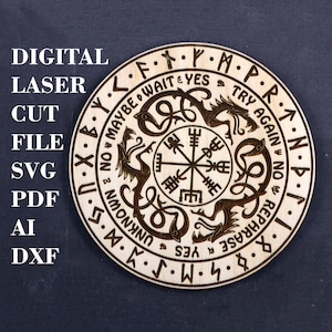 May include: A wooden circle with a compass design and four dragons surrounding it. The circle has text around the edge, including "Wait", "Yes", "Try Again", "No", "Maybe", "Rephrase", and "Unknown".