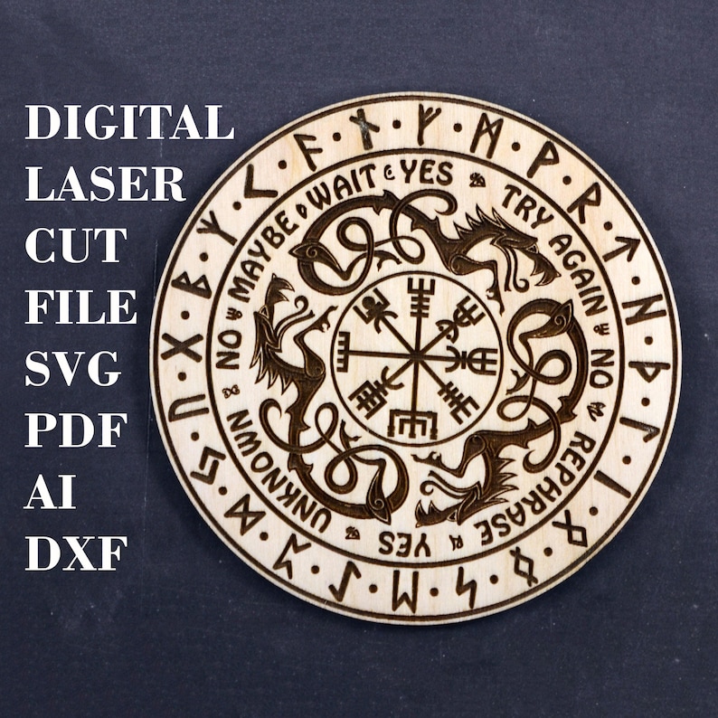 May include: A wooden circle with a compass design and four dragons surrounding it. The circle has text around the edge, including "Wait", "Yes", "Try Again", "No", "Maybe", "Rephrase", and "Unknown".