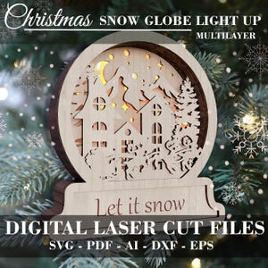 Christmas Snow Globe Light up laser cut file Multilayer ornament Flying reindeer Santa Claus Digital GlowForge file Xtool files