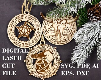 Pentagram ornaments svg Set of 3 Witch Christmas svg Pagan Yule tree ornament svg Digital Laser cut GlowForge files  *Not A Physical Product