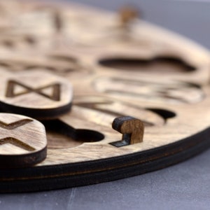Puede incluir: Primer plano de una tabla circular de madera con varios s&iacute;mbolos tallados en ella. La tabla tiene un borde marr&oacute;n oscuro y est&aacute; hecha de madera clara. Los s&iacute;mbolos est&aacute;n dispuestos en un patr&oacute;n circular y est&aacute;n tallados en la madera.