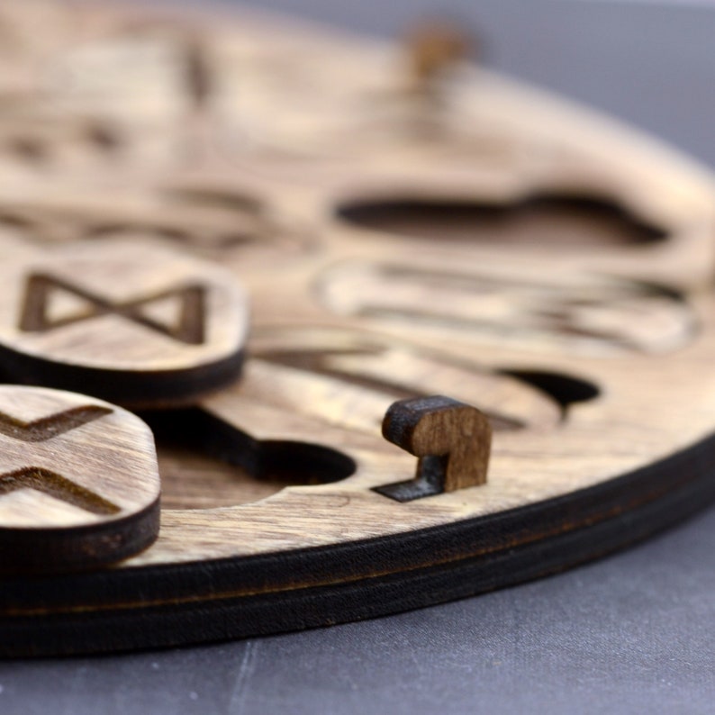 Puede incluir: Primer plano de una tabla circular de madera con varios s&iacute;mbolos tallados en ella. La tabla tiene un borde marr&oacute;n oscuro y est&aacute; hecha de madera clara. Los s&iacute;mbolos est&aacute;n dispuestos en un patr&oacute;n circular y est&aacute;n tallados en la madera.