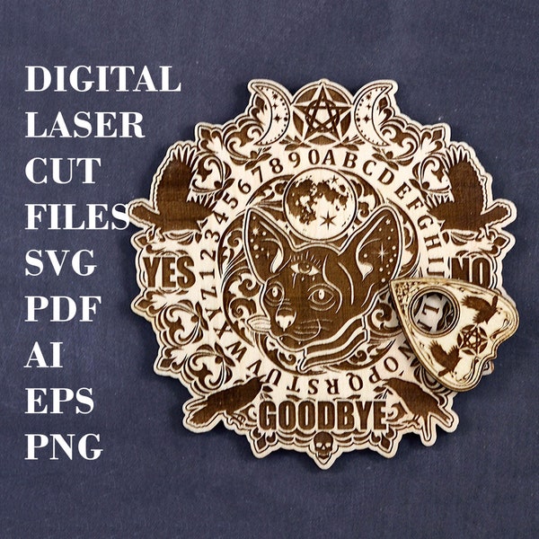 Sphynx cat Spirit board SVG  Gothic Ouija board with planchette SVG PNG Digital laser cut files Glowforge files LightBurn files