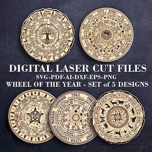 Set med 5 st. Årets hjul SVG Bungle Pagan kalender SVG Oghamkalender Häxkonstdekor SVG Digital Laserskuren fil GlowForge-filer