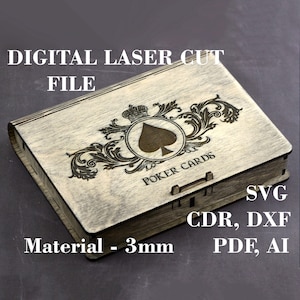 Caja de naipes para 2 barajas svg, Caja para cartas de póquer svg, Archivos cortados con láser digital, Archivos GlowForge, Material - 3 mm, 3,2 mm, 4 mm