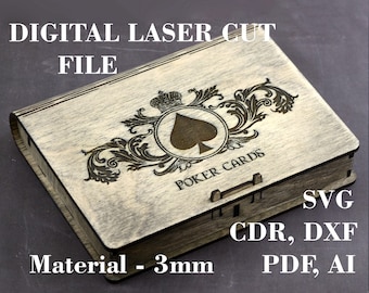 Playing card box for 2 decks svg, Box for poker cards svg , Digital Laser cut files, GlowForge files, Material - 3 mm, 3.2 mm, 4 mm